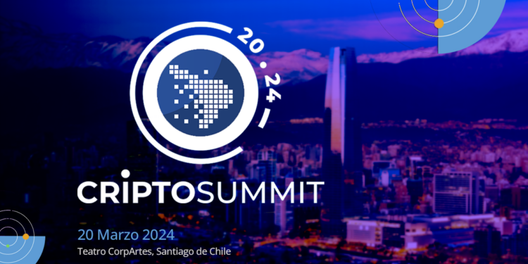 Foto de la ciudad de Santiago de Chile con el logo del evento CriptoSummit 2024.