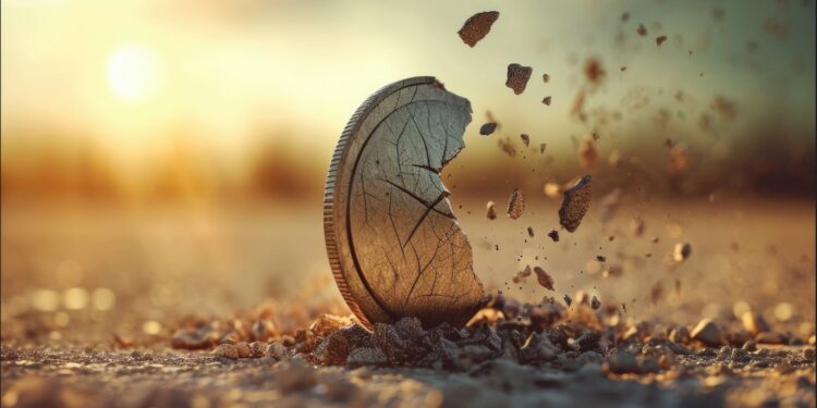 una moneda cuya mitad ha desaparecido sobre un desierto