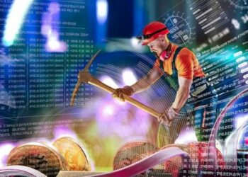 un minero trabajando sobre una moneda de Bitcoin y números de datos alrededor