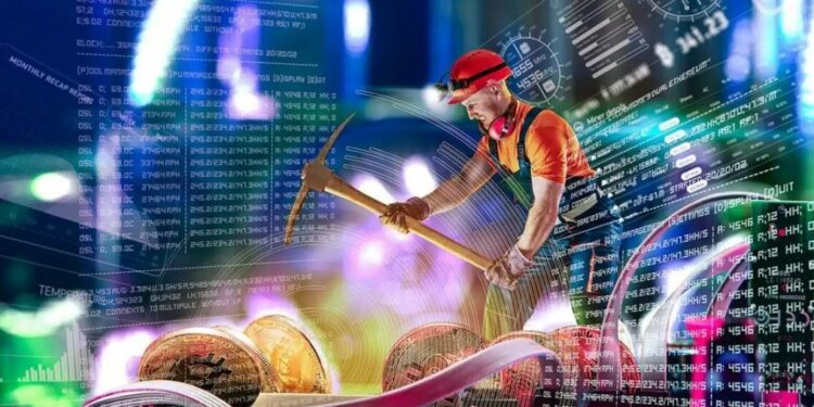 un minero trabajando sobre una moneda de Bitcoin y números de datos alrededor