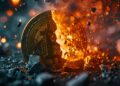 Una moneda de Bitcoin parcialmente incendiada