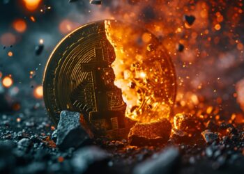 Una moneda de Bitcoin parcialmente incendiada