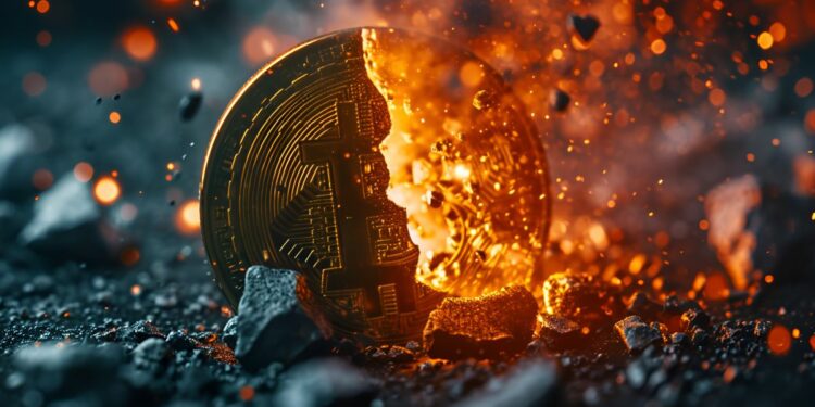 Una moneda de Bitcoin parcialmente incendiada