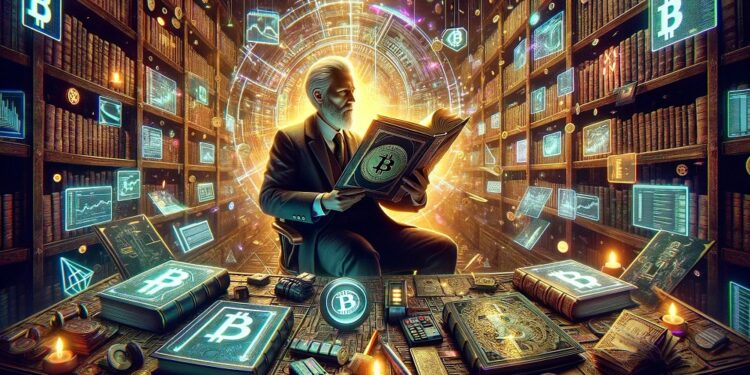 Hombre mayor en una biblioteca leyendo libro sobre Bitcoin.