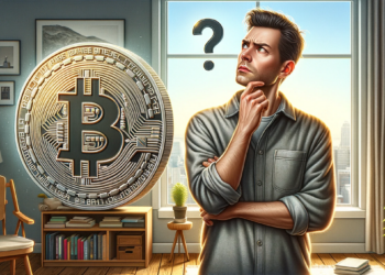 Hombre con expresión de duda con un bitcoin al lado.