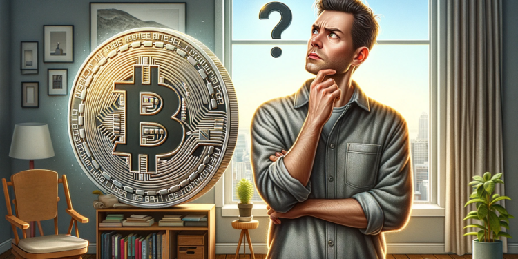 Hombre con expresión de duda con un bitcoin al lado.