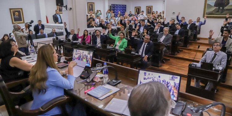 Miembros de la legislatura aprueban por mayoría la emisión de la moneda digital. Fuente: Legislatura La Rioja.