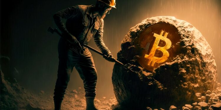 Un minero perforando una gran roca y revelando en un interior un bitcoin dorado
