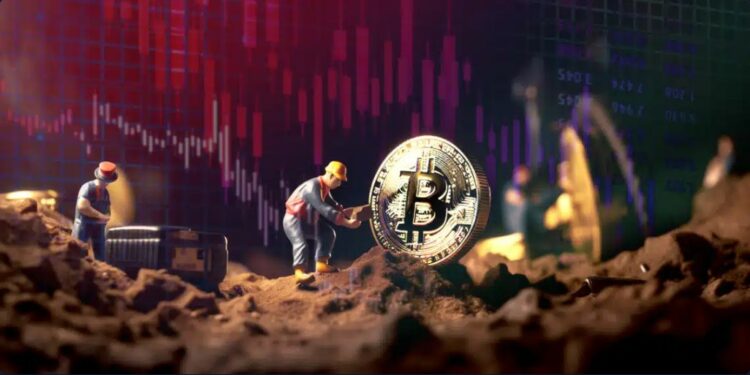 mineros una, una moneda dorada de bitcoin gigante y transparencias de gráficos de precio
