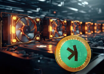 moneda de Kaspa en frente de mineros de criptomonedas alineados sobre plataforma metálica