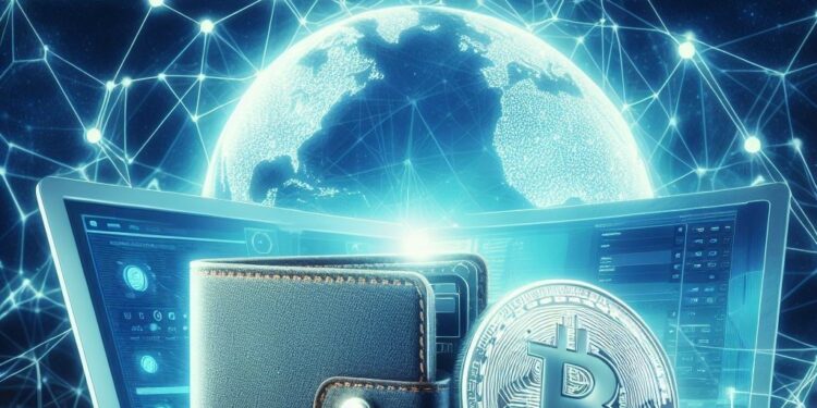 Una billetera y una moneda de Bitcoin en primer plano y un planeta tierra al fondo entre enlaces de tipo digital