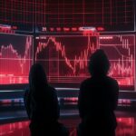 dos personas viendo una pantalla gigante iluminada por un rojo de advertencia