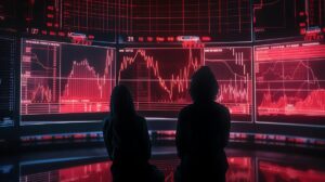 dos personas viendo una pantalla gigante iluminada por un rojo de advertencia