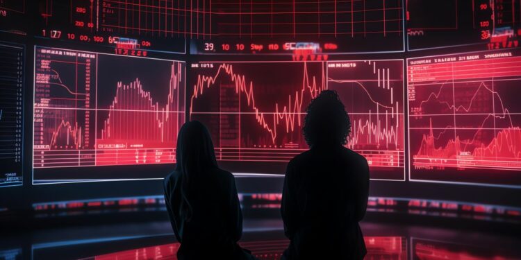 dos personas viendo una pantalla gigante iluminada por un rojo de advertencia