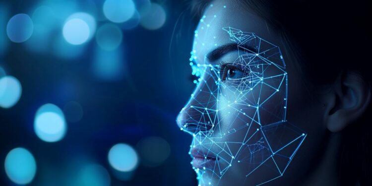 Rostro de mujeres surcado por líneas de enlaces digitales