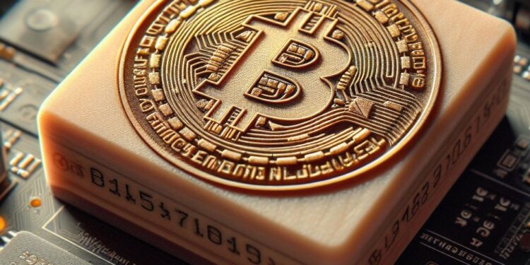 Un chip con el logo de bitcoin impreso.