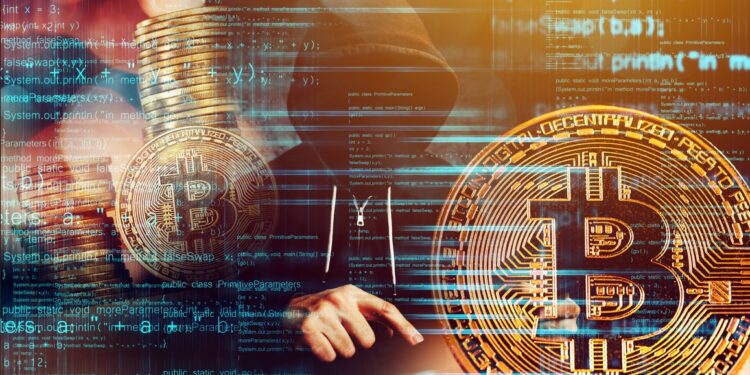un hacker y Bitcoin y números flotando a su alrededor