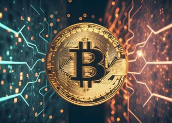 Una moneda de Bitcoin entre dos campos eléctrónicos