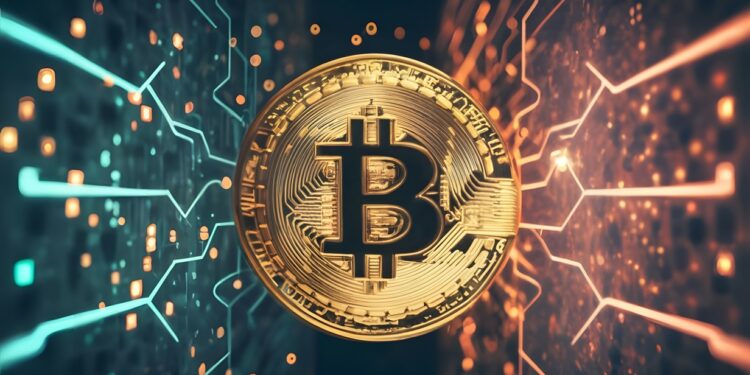 Una moneda de Bitcoin entre dos campos eléctrónicos