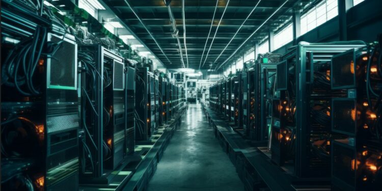 Rigs con máquinas de minería de Bitcoin en un largo pasillo