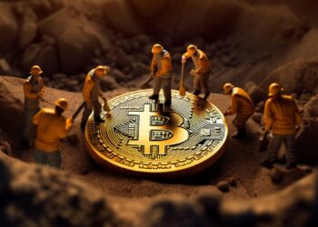 mineros al rededor de un Bitcoin gigante que está sobre un terreno arenoso