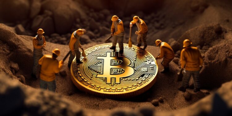 mineros al rededor de un Bitcoin gigante que está sobre un terreno arenoso