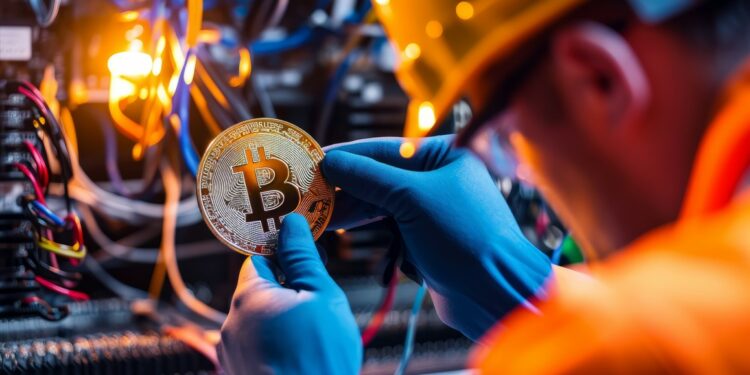un trabajador con ropa de minero sostiene una moneda de bitcoin, frente a máquinas y cablados