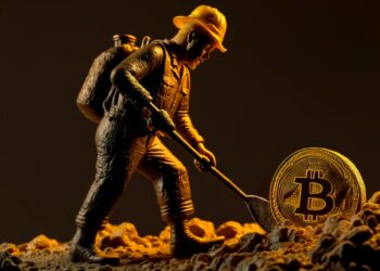 Un minero dorado excavando una moneda de Bitcoin