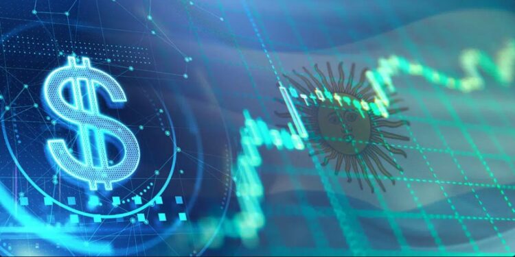 Bandera de Argentina, gráfico de precios ascendente y símbolo del dólar