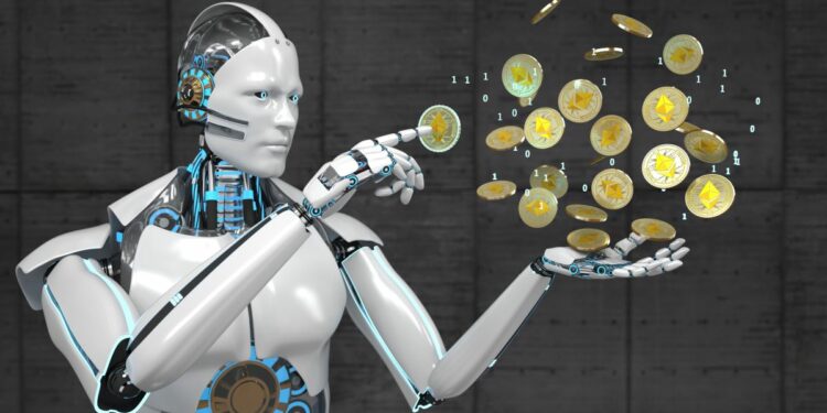 Un robot con su mano extendida y varios ETH flotando sobre ella