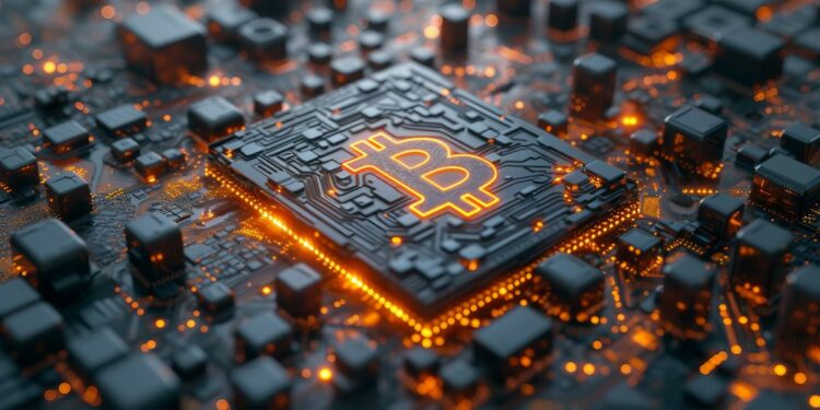 Símbolo de Bitcoin sobre una tarjeta de circuito futurista