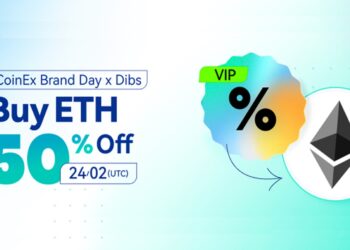 Pancarta promocional del Brand Day de CoinEx con venta de ETH al 50% de descuento.