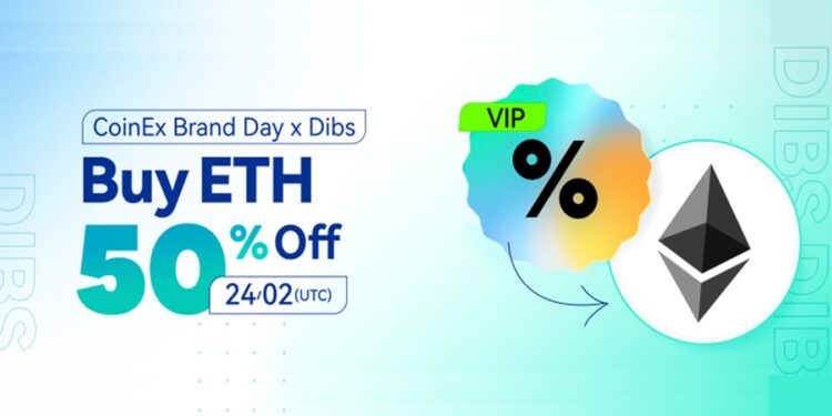 Pancarta promocional del Brand Day de CoinEx con venta de ETH al 50% de descuento.
