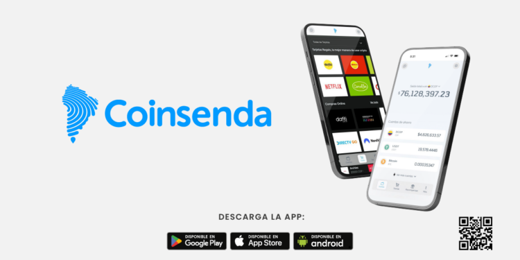 Imagen de dos telefonos celulares con el logo de la wallet Coinsenda al lado.