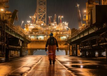 Un trabajador caminando en medio de unas instalaciones petrolíferas