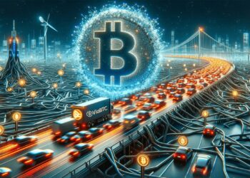 Una moneda de bitcoin iluminada sobre una autopista muy congestionada.