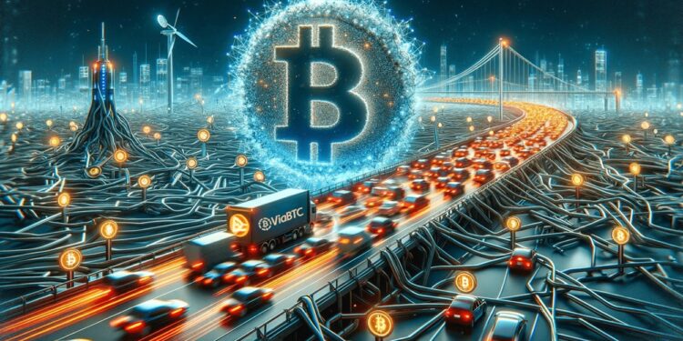 Una moneda de bitcoin iluminada sobre una autopista muy congestionada.