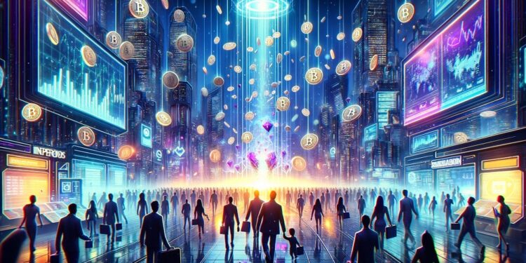 Criptomonedas cayendo del cielo en una ciudad futurista.