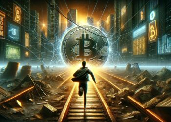 Hombre corriendo por vías del tren hacia Bitcoin.