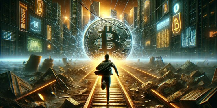 Hombre corriendo por vías del tren hacia Bitcoin.