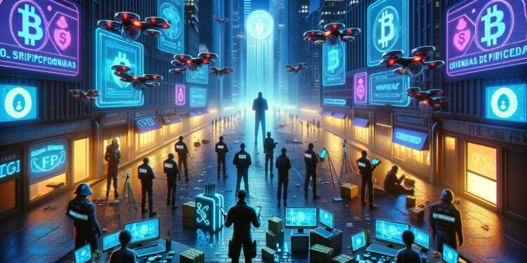 Cerco policial en una ciudad con estética cyberpunk y logos de bitcoin.