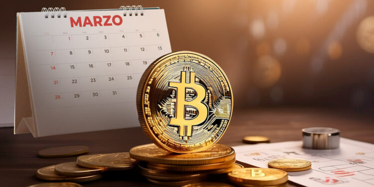 Bitcoin y calendario con mes de marzo.