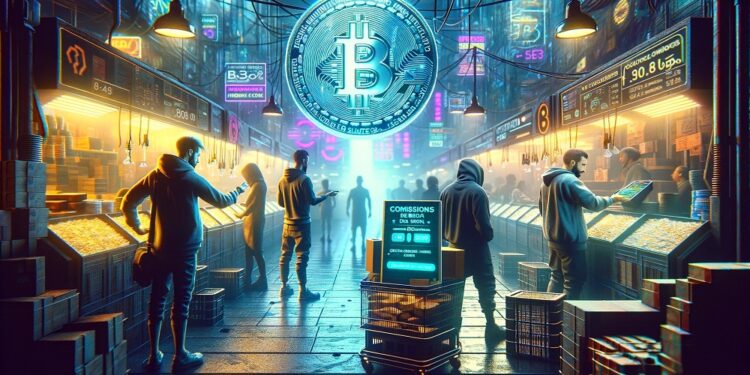 Personas pagando con bitcoin en un mercado callejero.