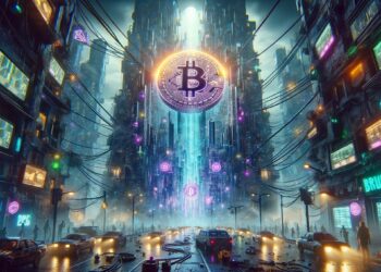 Logo de Bitcoin en ciudad futurista al estilo ciberpunk.