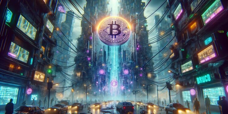 Logo de Bitcoin en ciudad futurista al estilo ciberpunk.