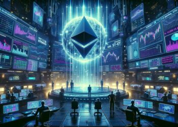 Símbolo de Ethereum en medio de una sala llena de computadoras.