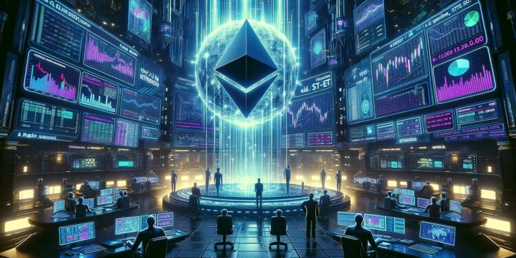 Símbolo de Ethereum en medio de una sala llena de computadoras.