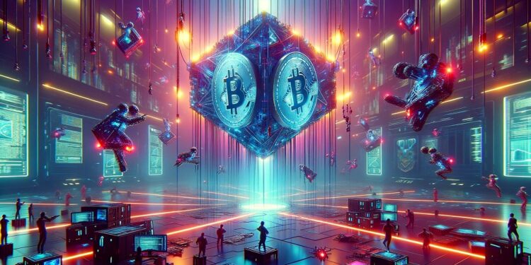 Bitcoins flotando en el aire mientras personas intentan atacarlo, en escenario futurista.