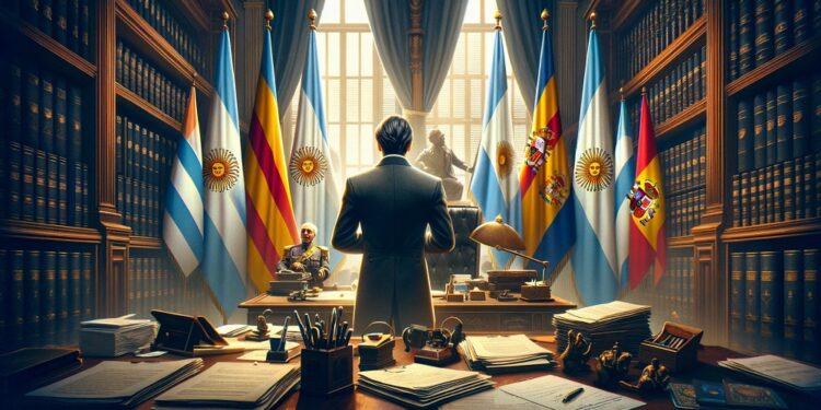 Hombre introduciendo papeleo ante oficina gubernamental con banderas de España y Argentina,