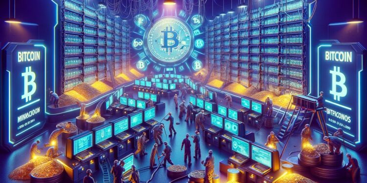 Mineros de bitcoin extrayendo bitcoins de computadoras.